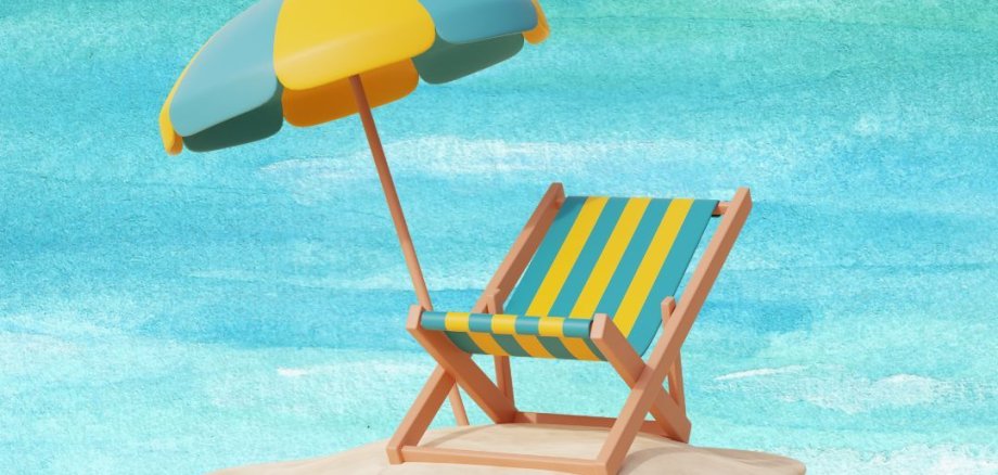 gezeichneter Strandstuhl und  Sonnenschirm mit Meer im Hintergrund