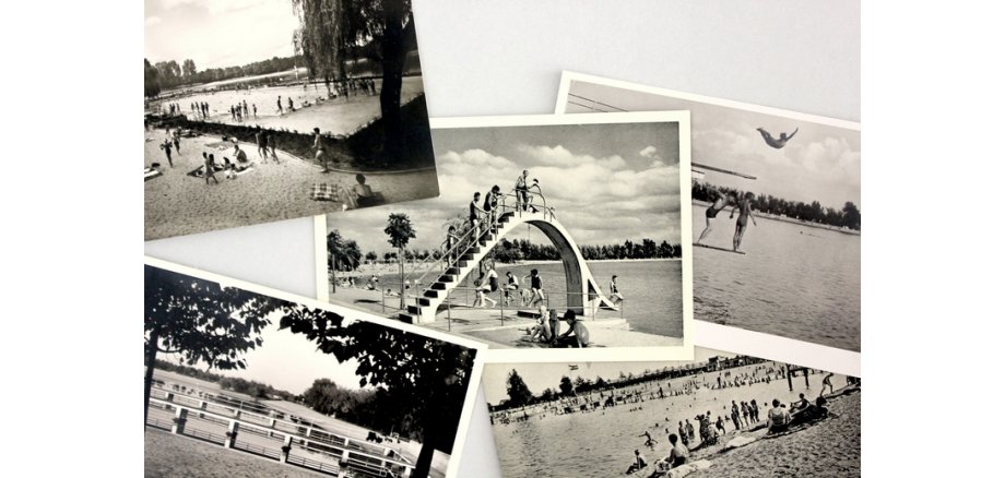 Sammlung von Postkarten mit historischen Ansichten des Frankenthaler Strandbads, schwarz-weiß