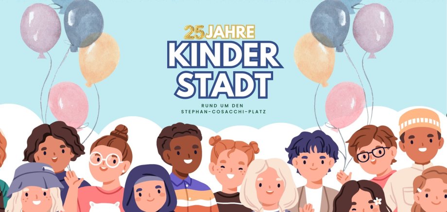 Kinder spielen auf einer Wiese am Himmel fliegen bunte Ballons