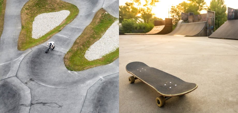 Bild von Skatepark mit Skateboard und einer Pump-Track Strecke mit vielen Kurven, auf dieser Strecke fährt ein Jugendlicher mit dem Fahrrad