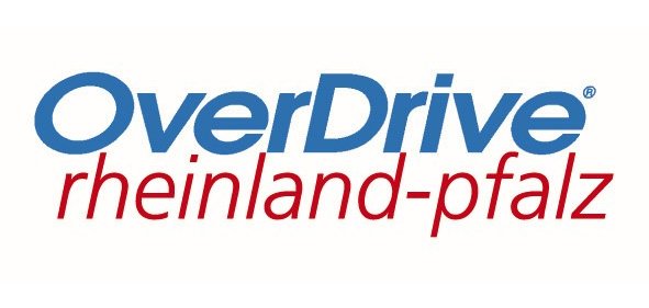 Das Logo besteht aus dem Wort OverDrive als großer Schriftzug in blau und darunter etwas kleiner und kursiv in rot rheinland-pfalz.